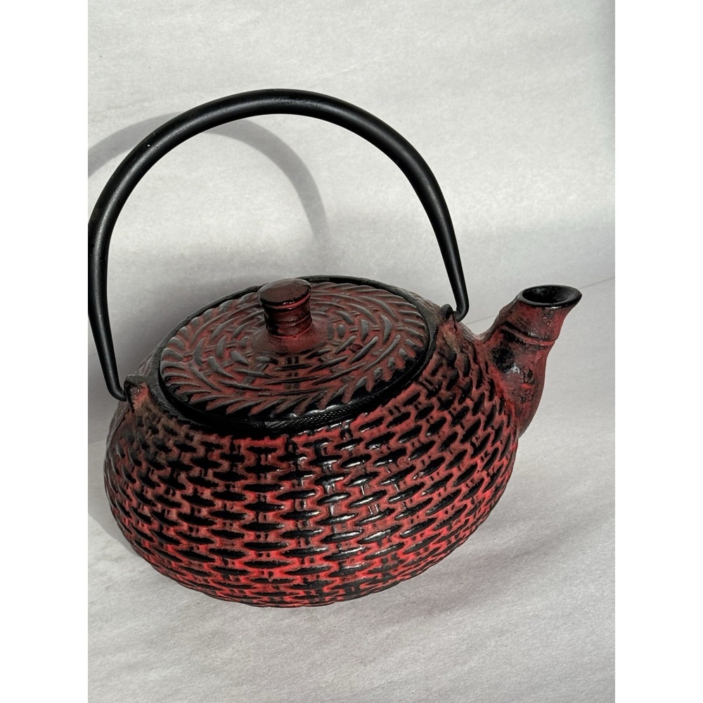 Red Cast Iron Tetsubin Style Teapot Enameled Interior Tea Pot w/ Infuser VTG